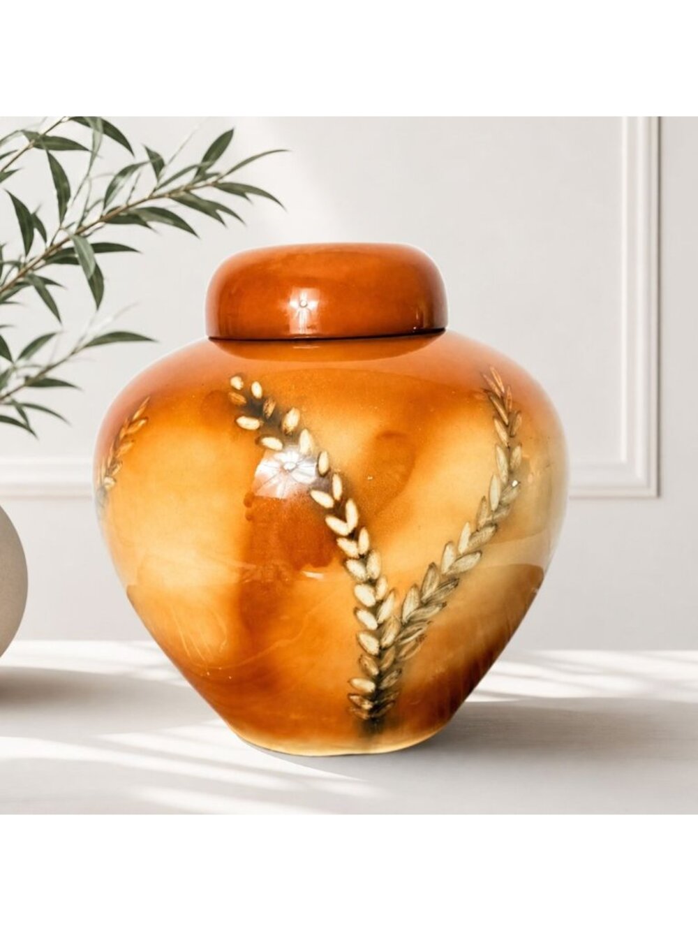 Studio Pottery Ginger Jar Artisan Vase Amber Glaze Lidded Organic Modern Decor